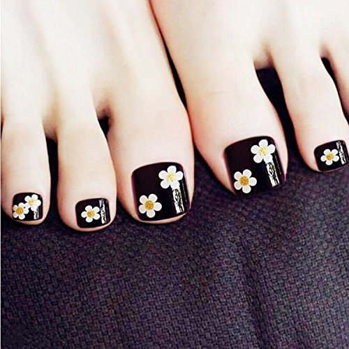 Yean Set of 24 False Nail for Toe Exquisite Bridal Flowers Fake Nail for Toes Full Cover Nail Tips - Press on Nail Short Square with Glue and Adhesive Tab for women and girls