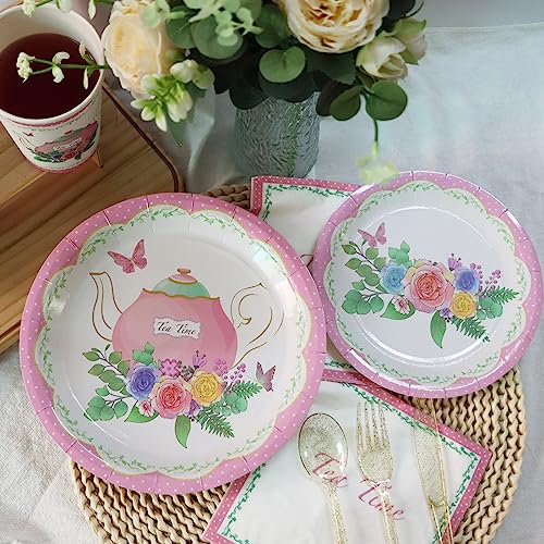 Decodinli Tea Party Supplies Serves 25, Tea Party Decorations, Tea Party Plates And Napkins, Tea Party Disposable Paper Plates And Cups, Floral Tea Party Bridal Shower Tableware Set #TOP4
