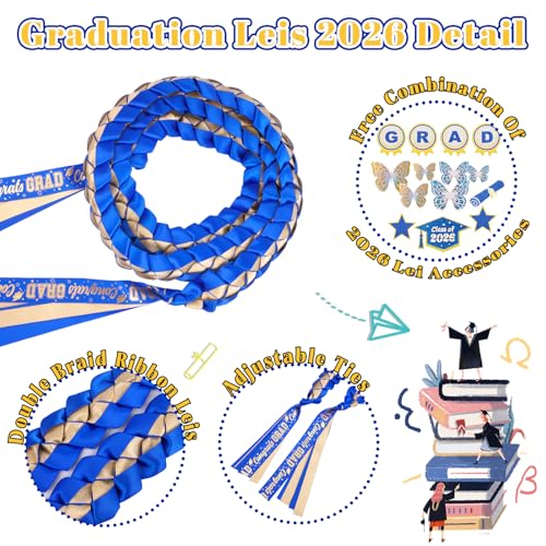 Image of Class of 2026 Graduation Lei,Blue & Gold Double Ribbon Lei with DIY Butterfly Pin Accessories,Graduation Gift for Her Him Woman Man Graduate