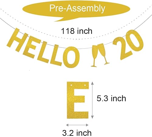 Miniatura 2 de WEIANDBO - Cartel dorado con purpurina, Hello 20, premontado, decoración de fiesta de cumpleaños de 20 años, telón de fondo con texto "Hello 20"