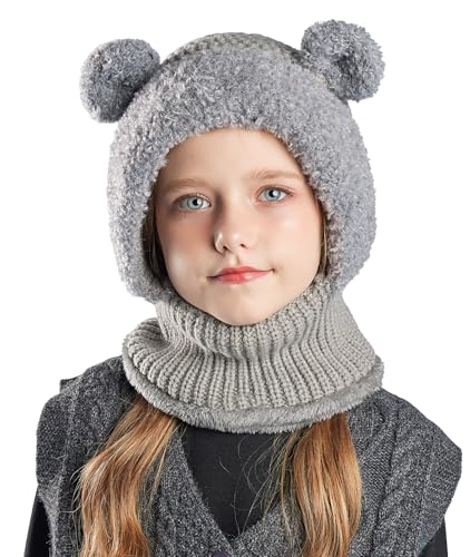 SEAUR Kid Winter Hat Scarf Set Boys Girls Knit Hood Hats Warm Fleece Lining Scarf Skull Cap Balaclava Beanie for 4-10 Years