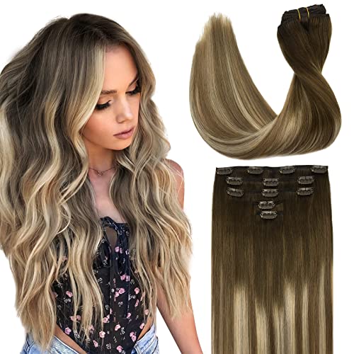 Human Hair Extensions Clip in, 70g 5pcs 18 Inch Balayage Walnut Brown to Ash Brown and Bleach Blonde Remy Clip in Hair Extensions Straight Natural Hair Extensions
