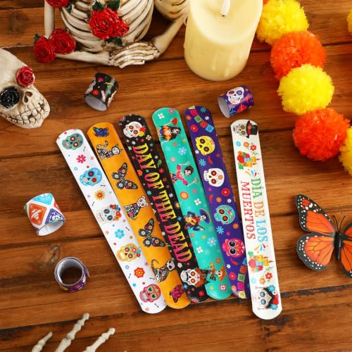 Image of JUNEBRUSHS 56Pcs Day of the Dead Slap Bracelet Party Favors Bulk Set