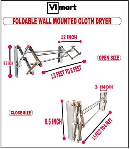 Image of VIMART Premium Heavy Duty Rust-Free Stainless Steel Foldable Wall Mounted /Cloth Dryer Racks For Bathroom /Balcony /Indoor /Outdoor (4.5 FEET(54 INCH))