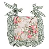 Cojín para silla 40 x 40 cm con un bonito volante rizado de más de 10 cm y lazos. Totalmente realizado con tejido teñido de hilo de puro algodón. La fantasía florada es hermosa y siendo muy elegante es perfecta para decorar y decorar la cocina o el comedor.