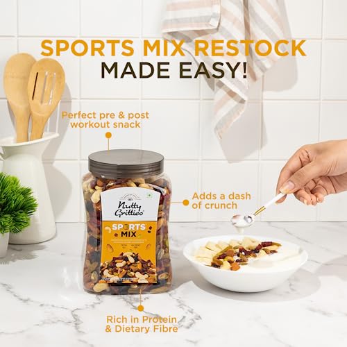 Image of Nutty Gritties Sports Mix - Roasted Almonds, Cashews, Pistachios, Dried Blueberries, Cranberries and Raisins (Sports Mix 1kg Jar)