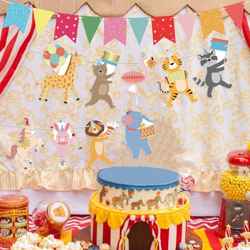 Image of Hooqict Animal Party Banner with Colorful Pennant Banner Flag Animal Parade Birthday Decorations Happy Birthday Garland for Kids Girls Boys Zoo Carnival Circus Party Decorations Supplies
