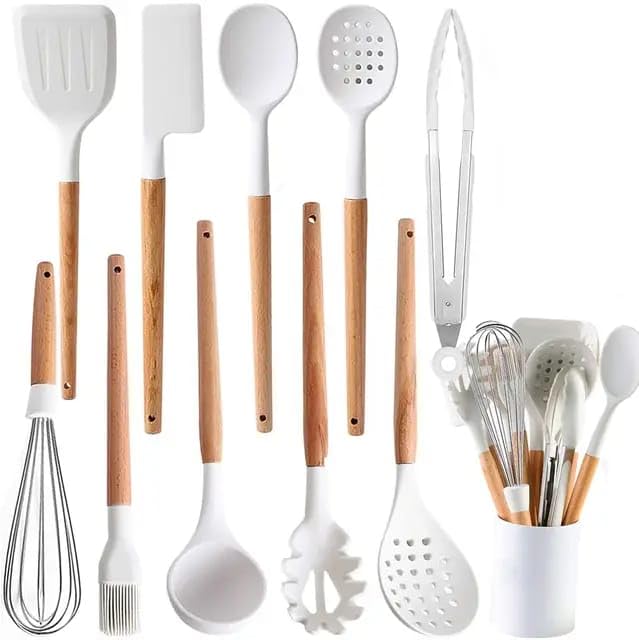 Image of Oren Empower Set of 10 Pcs Silicone Spatula with Wooden Handle for Cooking, Baking & Mixing /Non-Stick Bpa Free /Heat Resistant Item, Non Toxic Silicon Cookware Tools - White