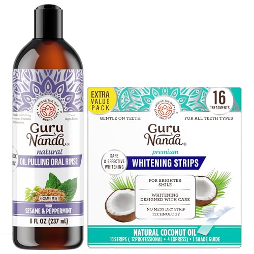 GuruNanda Refresh & Brighten Oral Care Bundle – Sesame Mint Oil Pulling Mouthwash & 16-Day Whitening Strips for Natural Care, Happy Gums & a Confident Smile