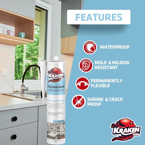 Image of Kraken Bond Premium Kitchen and Bathroom Silicone Caulk Clear - (12x10.1 fl.oz) RTV Clear Silicone Sealant Waterproof for Kitchen, Bathroom, Shower, Sink, Anti Shrink 100% Silicone Caulking | 12 Pack