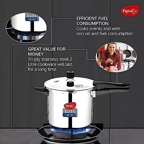 Image of Pigeon Stainless Steel Elite Shine 2 L +3 L Combo Tri-Ply Body Outer Lid Pressure Cooker Induction And Gas Stove Compatible That Distributes Heat Evenly For Uniform Cooking, 5 Liters, Silver
