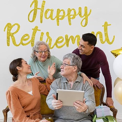 Image of BEISHIDA Pre-Strung Glitter Gold Happy Retirement Banner Party Decoration | NO DIY,Happy Retirement Sign,Retirement banner for Women & Man,Retirement Party Supplies