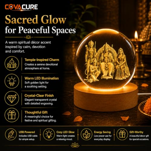 Image of COVACURE 3D Ram Darbar Idol Crystal Ball Night Lamp, 2.4 Inch Ram Darbar with Ram, Laxman, Sita and Hanuman Murti Idol Statue Crystal Ball Night Light for Home & Office Desk Decor, Spiritual Showpiece