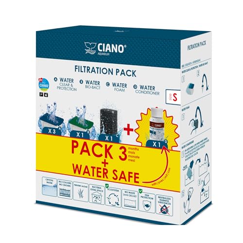 CIANO, Aquarium Verbrauchsmaterial + Conditioner – Filterkartuschen für Aquarienfilter & Conditioner – Packung mit 3 Monaten, Größe S – kristallines Wasser für Fische, ohne Verunreinigungen und ohne