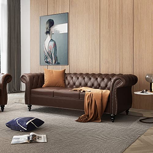 Avzear Leather Sofa 3 Seater Couch, Large Sofa Furniture Roll Arm Classic Tufted Chesterfield Settee Leather Sofa With Channel Tufted Seat Back For Living Room, Brown Pu #TOP5