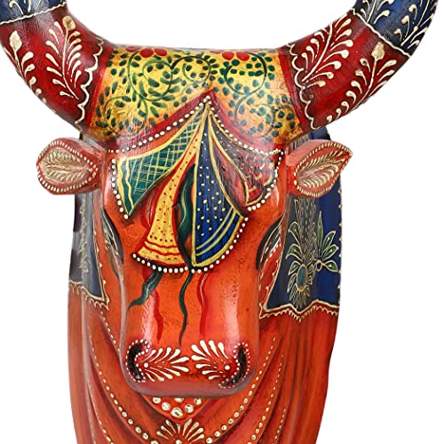 Image of THE COCOTIER Nandi-Inspired Beauty: Multicolor Hand-Painted Cow Head Crafted in 3D Embossing, Reddish Orange Base Cow Head, Animal Head Wall Hanging.
