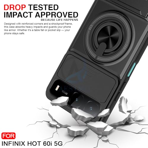 Image of AESTMO Infinix Hot 60i 5G / Spark Go 5G Back Cover | Armor Camera Slider 360 Degree Rotating Finger Ring Holder Case with Bracket Stand Back Case Cover (Compatible with MagSafe Accessories) (Black)