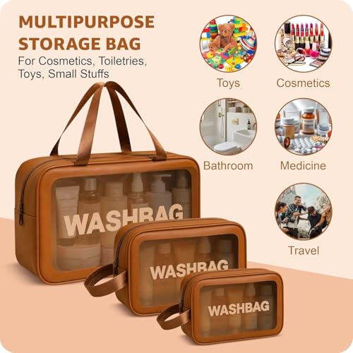 Image of Travel Makeup Pouch Set Toiletry Bag Cosmetic Organizer Bag for Women and Girls Toiletry Storage Kit Set of 3 (Brown)