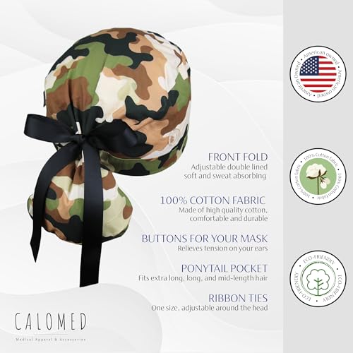 Image of Scrub Cap for Women and Men, Ponytail Scrub Caps, Working Hat, Head Cover with Ribbon Ties and Buttons, Long Hair