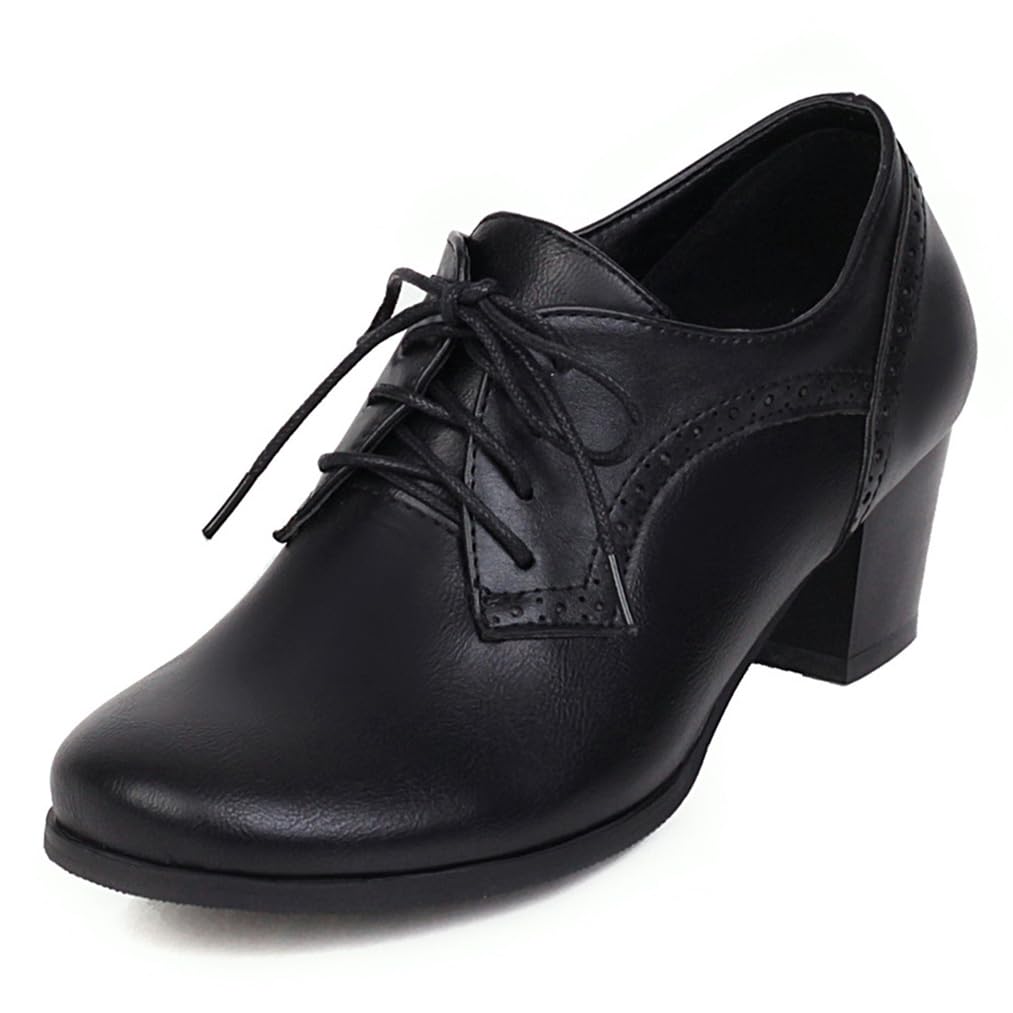 Womens Closed Toe Chunky Block Heel Oxfords Wingtip Lace Up Mid Heel Pumps Vintage Brogue Dress Shoes