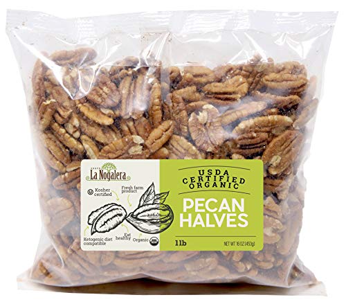 La Nogalera Organic â€“ CCOF and USDA Organic Pecan halves in a 1 lbs bag. Raw shelled pecan nuts. NO SHELL, Non-GMO, Kosher and Halal Certified and Ketogenic friendly
