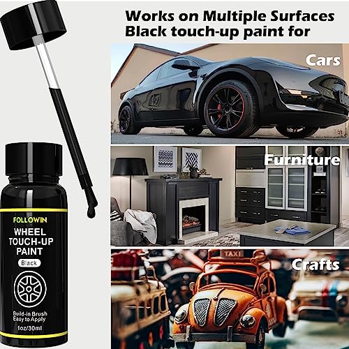 Image of FOLLOWIN Black Rim Touch Up Paint for Cars, Wheel Paint Repair Kit | Built-In Brush, Low-Odor, Repair Rim Curb Rash, Wheel Scratch, Surface Damage Quick and Easy, 1 fl oz
