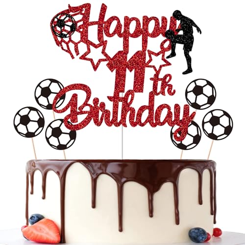 Gidobo 11th Birthday Cake Toppers, Red Glittery Cake Decorations with Football Theme, Eleven Years Old Soccer Birthday Party Supplies for Boys