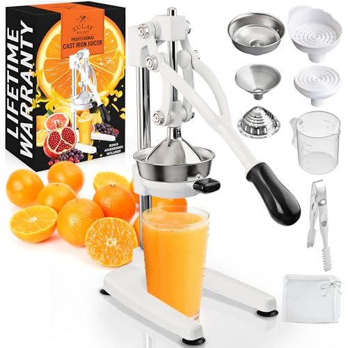 Zulay Kitchen Pulperizer 9 in 1 Cast Iron Juicer - Easy-to-Clean Heavy-Duty Manual Juicer with Presser Attachment to Juice All Types of Fruits! Extra Tall with Stainless Steel Bowl - White
