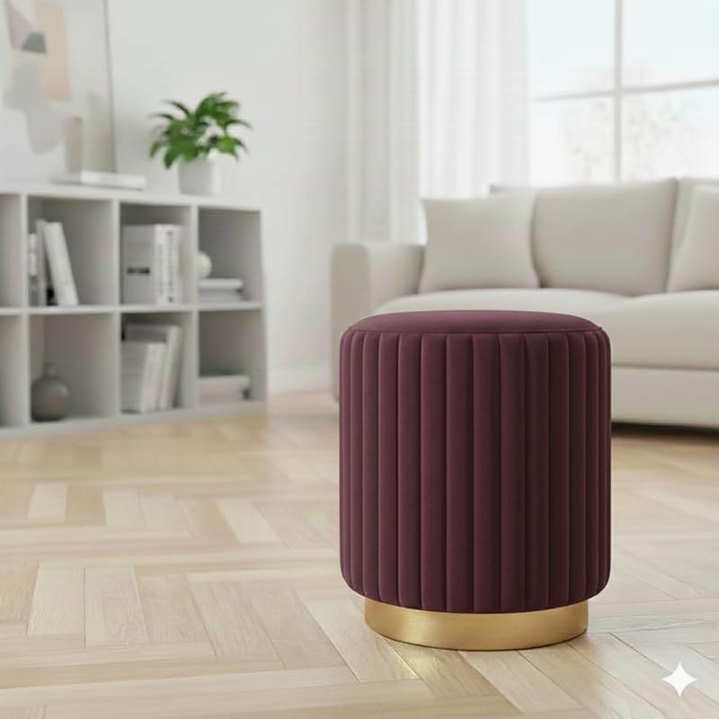 Image of Designer Velvet Round Footstool Ottoman with Sturdy Gold Metal Band Base for Home Decor & Extra Seating, Lightweight Pouf Stool for Sofa Side & Bedroom, 16x16x17 Inch (Coffee)