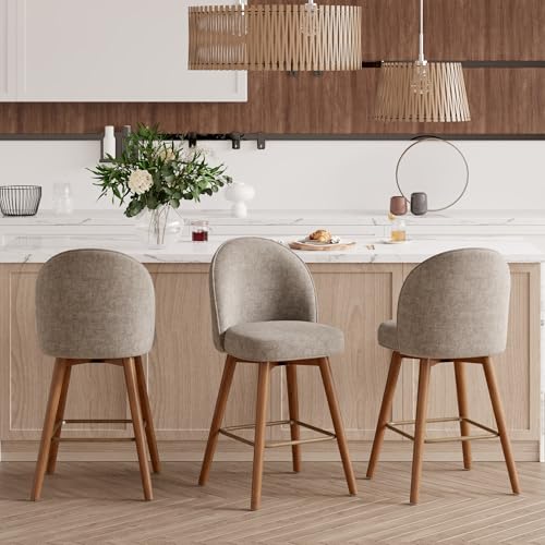 Image of Modern Swivel Bar Stools Set of 3, Chic Upholstered Counter Height(26IN) Bar Chair with Back, Solid Wood Legs and Footrest, Comfortable Chenille Bar Stool for Kitchen Island, Khaki