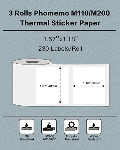 Image of Phomemo Labels- 3 Rolls M110 /M100 /M220 /M221 /M150 /M250 /M108 Thermal Labels 1.57 inchx1.18 inch(40x30mm), M110 Label Multipurpose Square Self-Adhesive Paper, Name Labels for Kids, School, 230 Label /Roll