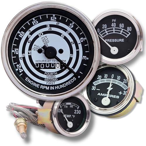 VR Autopedia Gauge Set for Ford Tractor - Tachometer Proofmeter Oil Pressure 0-80 PSI Temp Amp - 8N 9N 2N NAA Jubilee 600 601 641 801 901 2000 4000 4-Speed - Chrome Bezel - Replaces 8N17360A1