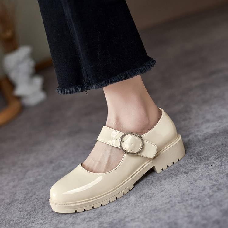 Women Mary Jane Flat Shoes Glossy Patent Round Toe with Belt Buckles3