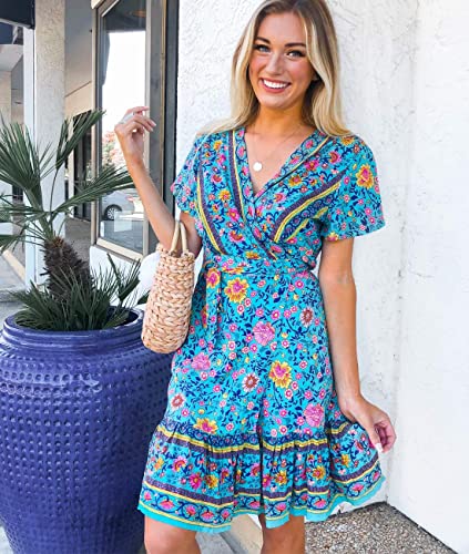 ZESICA Women's 2023 Summer Wrap V Neck Bohemian Floral Print Ruffle ...
