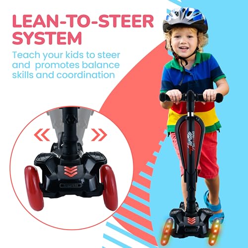 Image of Hurtle 3-Wheeled Scooter for Kids - Wheel LED Lights, Adjustable Lean-to-Steer Handlebar, and Foldable Seat - Sit or Stand Ride with Brake for Boys and Girls Ages 1-14 Years Old