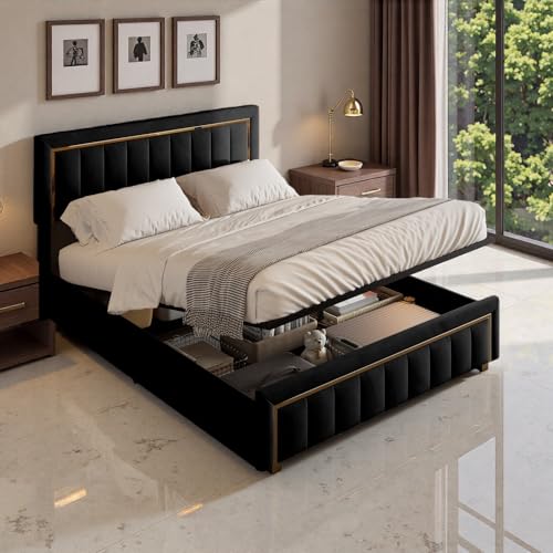 LIVLUX Lit Coffre 160x200 avec Sommier,Lit Double rembourré avec hydraulique Rangement et Tête de lit,Lit 2 Personnes pour Adultes et Adolescents,Velours (Noir A, 160 x 200 cm)