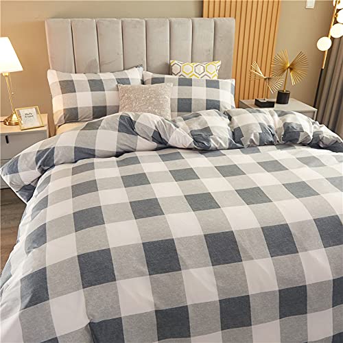 Bluenight Lightweight Hotel Luxury Duvet Cover 3 Piece Set-Black White Gray Plaid Ultra Soft Premium Microfiber Breathable Comforter Cover With Zipper Closure, Corner Ties Full/Queen (90X90 Inches) #TOP3