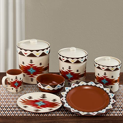 Image of Paseo Road Del Sol Aztec 19 Piece Ceramic Dinnerware Set with Plates, Bowls, Mugs, Canisters, Southwestern Rustic Cabin Lodge Style