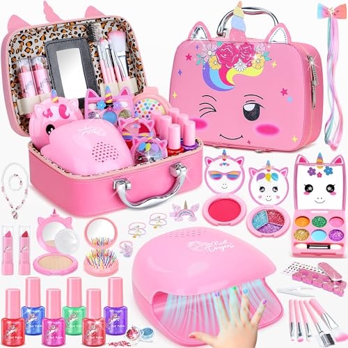 PERRYHOME Kids Makeup Kit for Girl Non-Toxic Kids Nails Set for Girls with Nail Dryer Unicorn Real Washable Cosmetic Set 2026 New Princess Toys & Birthday Gifts for Girls for 3 4 5 6 7 8+ Year Old