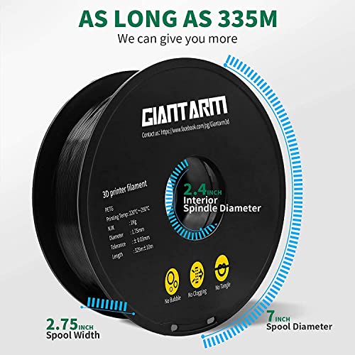Image of GIANTARM Black PETG 3D Printer Filament Toughness Enhanced 1kg (2.2lbs), 1.75mm Dimensional Accuracy + /-0.03mm, 1080 Feet(330m /Roll, Vacuum Package, Fit for Most 3D FDM Printer