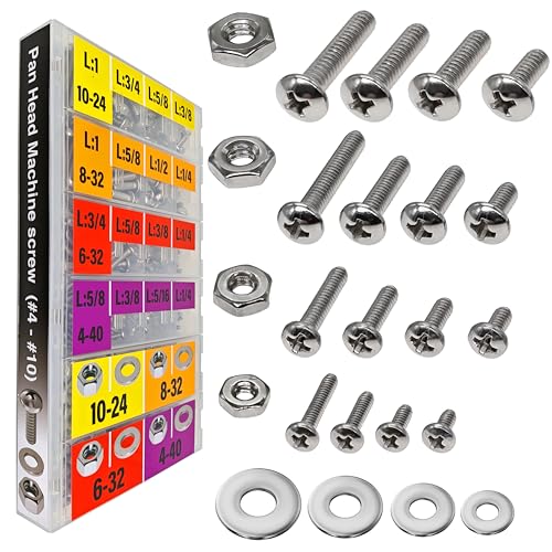 EEEEE 725pcs Phillips Pan Head SAE #4#6#8#10 Machine Screw Assortment Kit Assorted Screws 304 Stainless Steel and Nut Set Flat Washers Nuts Hardware with Snap Lock Case