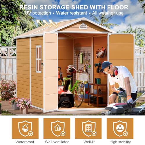Outdoor-Resin-Storage-Shed-8×6-FT-Plastic-Sheds-with-Floor-Window-Lockable-Door-Included-Large-Waterproof-Outside-Sheds-Storage-for-Backyard-Garden-Patio-Lawn-Tools-Brown Outdoor Resin Storage Shed 8×6 FT Plastic Sheds with Floor Window Lockable Door Included Large Waterproof Outside Sheds Storage for Backyard Garden Patio Lawn Tools Brown