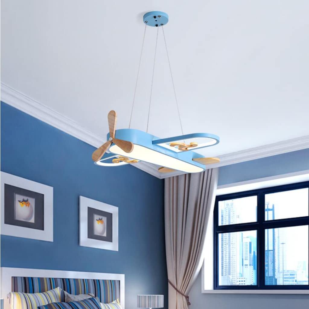 Lampe Suspension de chambre d'enfants LED bois plafonnier lustre d'avion de dessin animé moderne avec télécommande protection des yeux Pendentif lumière restaurant étude chambre Luminaire,Bleu