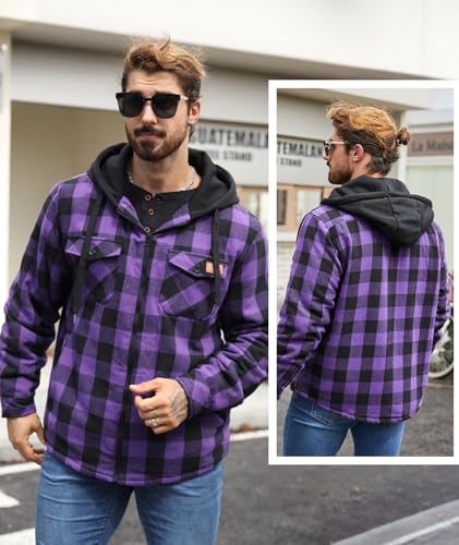 Image of V VALANCH Men's Flannel Shirt Jacket with Hood Fleece Lined Plaid Jacket Zip Up Winter Warm Coat