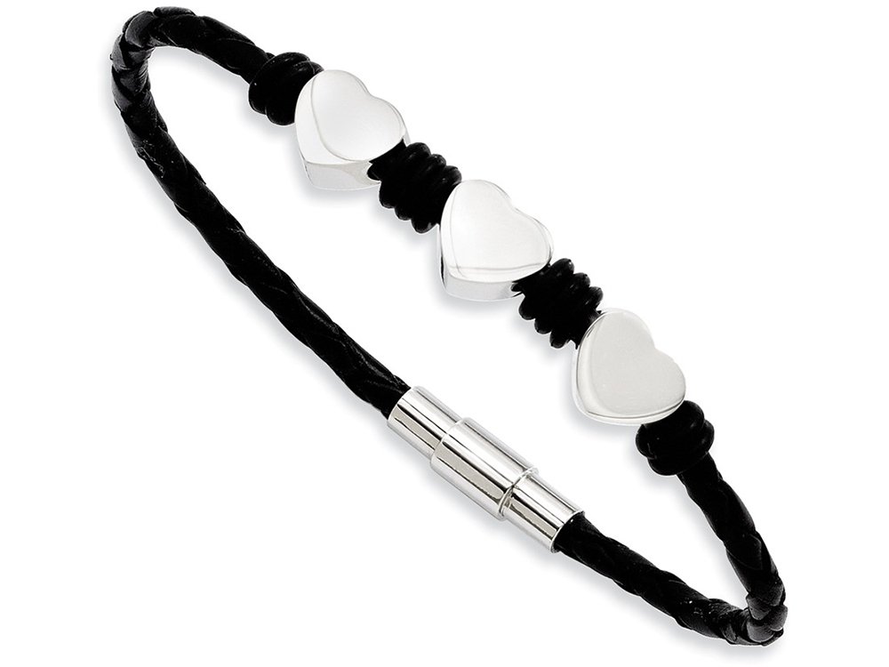 Chisel Stainless Steel Black Leather W/polished Hearts 7.5in Bracelet