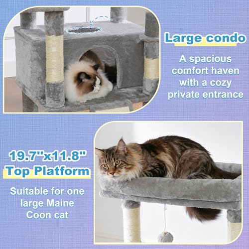 Image of Hey-brother Cat Tree Tower, Scratching Posts with Extra Large Platform and Basket, Specious Condo, 2 Cozy Hammocks, Scratch Board for Indoor Adult Cats, Maine Coon 71.7 inches, Light Gray MPJ080W