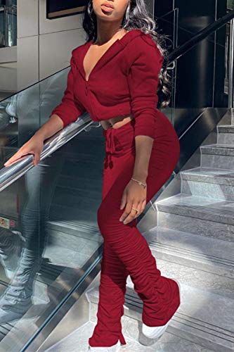 PINSV Women\'s 2 Piece Outfits Long Sleeve Workout Sets Zip Up Hoodie Pleated Flare Pants Tracksuit Sweatsuit Wine Red L