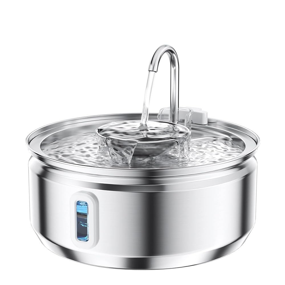 Fuente para Gatos,Fuente de Agua para Gatos Acero Inoxidable,3.2l Bebedero Gatos Automatico INOX,Fuente Gato Metalico con Ventana de Nivel de Agua,2 Filtros y 2 Esponjas,Apta para Lavavajillas