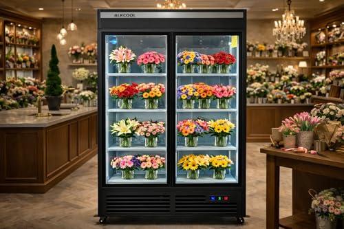 Image of Commercial Flower Beverage Refrigerator Display Fridge,Two SLIDING Glass Door Drink Cooler Floral Display Fridge with LED Light Adjustable Shelves,ETL Sanitation,43 Cu Ft,47 inch Wide,Wheels Included