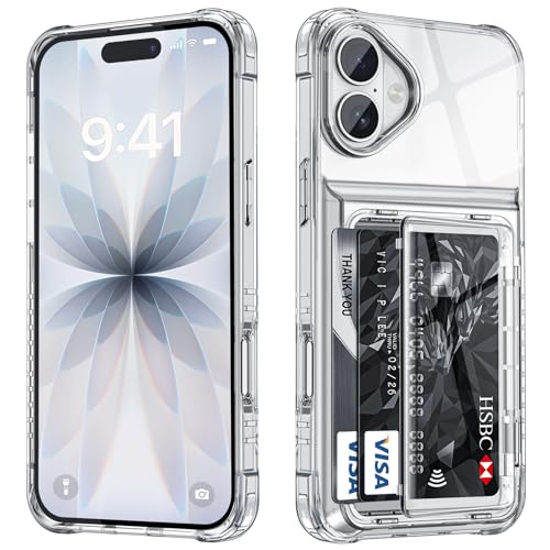 Vunake for iPhone 17 Case with Card Holder[Max 4 Cards] Shockproof Hard PC Back&Soft TPU Military Grade Drop Protection Case 6.3 Inch Transparent Anti-Yellow Hidden Card Slot Cover for Women Men